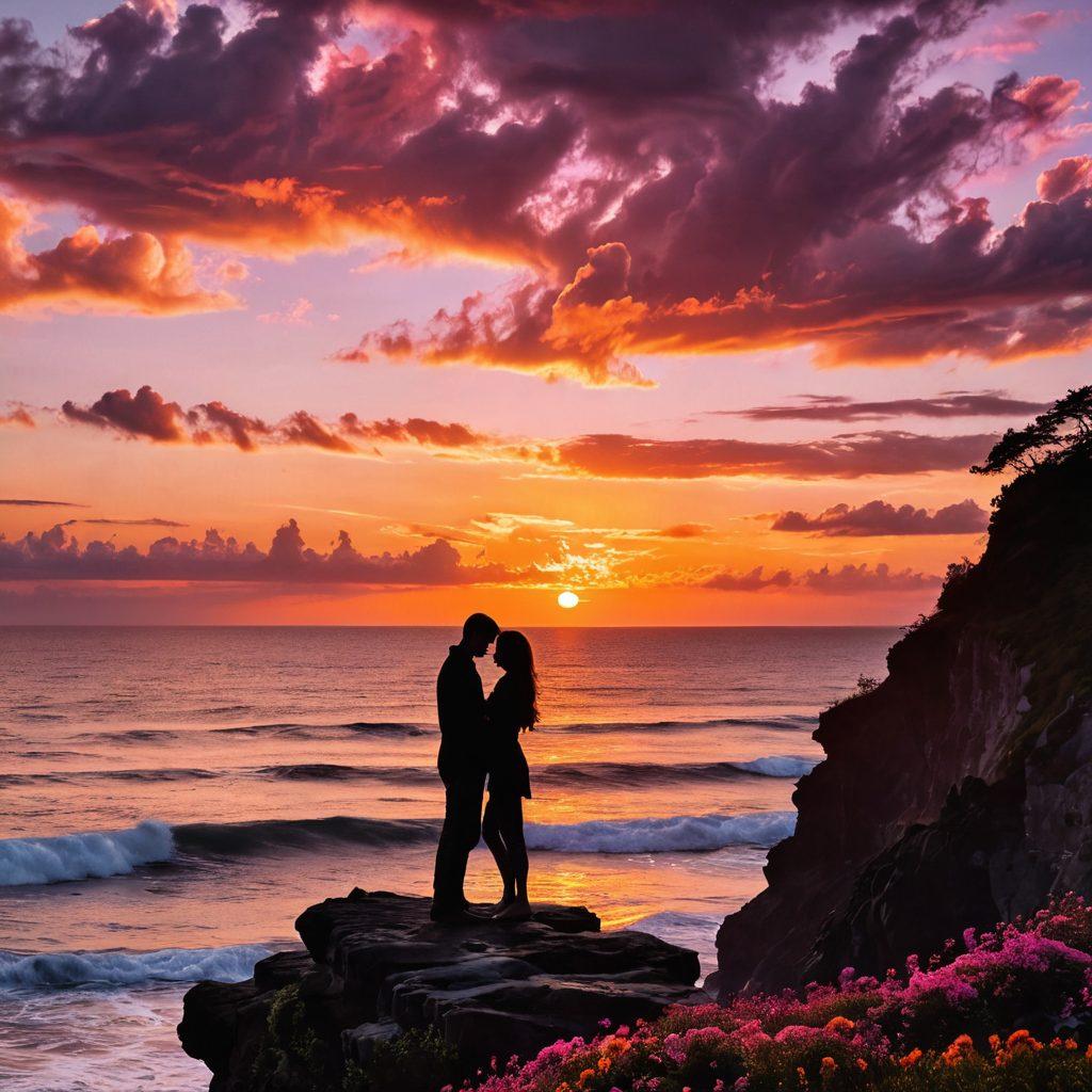 A romantic sunset silhouette of a couple on a cliff, overlooking the ocean, with soft waves crashing below. Heart-shaped clouds float above them, blending into the vibrant pink and orange hues of the sky. Surrounding them are delicate flowers symbolizing passion, while a gentle breeze lightly moves their hair. The scene captures the essence of love and adventure in a breathtaking landscape. super-realistic. vibrant colors. 3D.